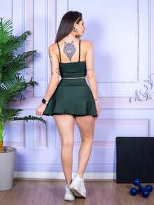Fitness Shorts, Skirt, And Tank Top Set In Various Colors - Verde militar - Ver 5