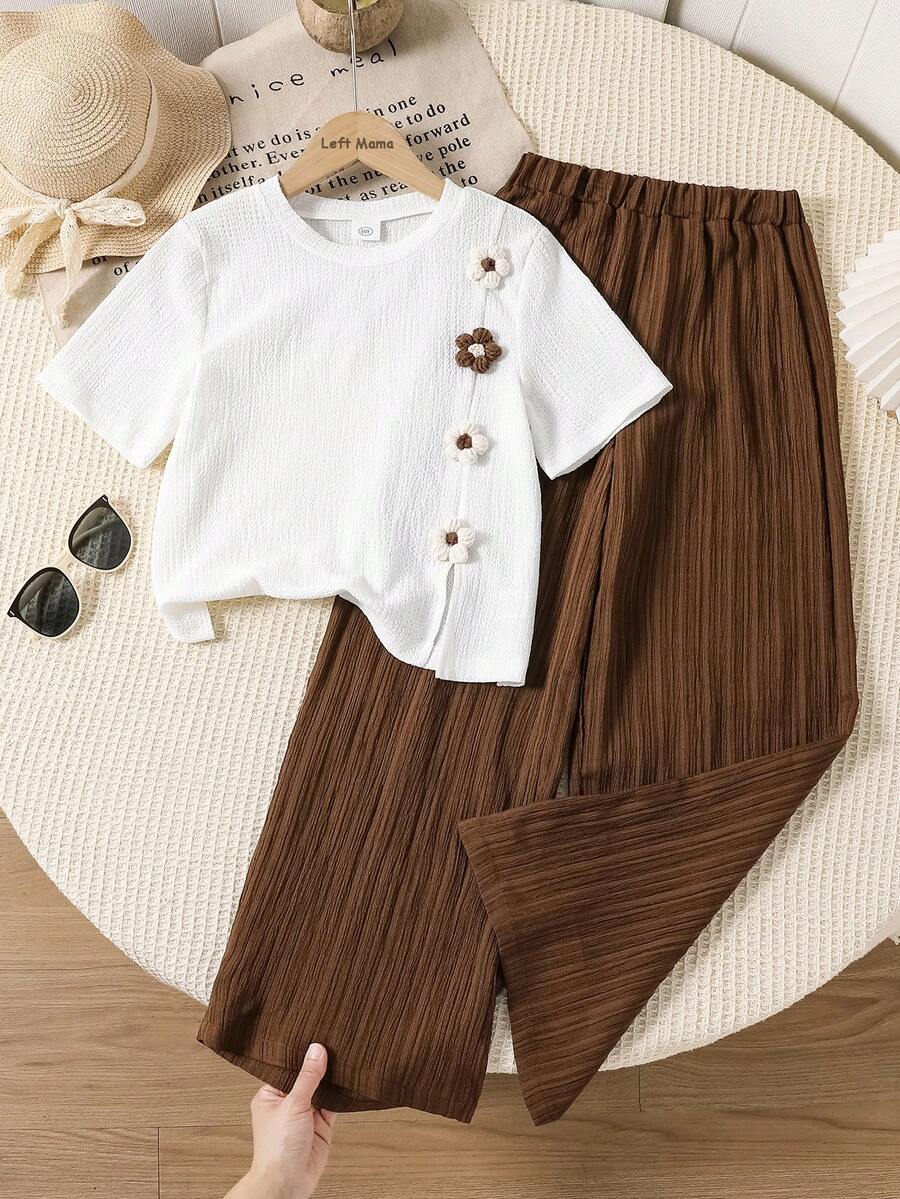 Left Mama Girls Floral Print Short Sleeve T-Shirt And Casual Pants Set, Brown, Summer - White - View 1