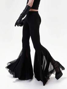 女士时尚四季皆宜的超性感黑色针织喇叭裤，夸张的裤腿撞色网纱拼接，开衩设计，加长版型，中等弹力，百搭春季单品 - 黑色 - 查看 1