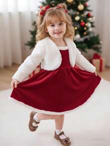 女童新年元素毛绒开衫长袖外套，毛绒吊带裙时尚套装，秋冬款 - 紅色 - 查看 9