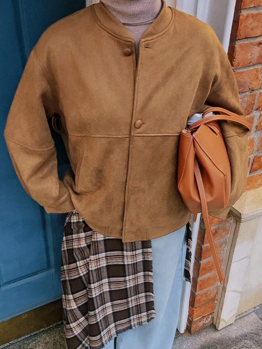 DAZY Women's Suede Collar Loose Open Front Casual Jacket - Rust Brown - View 1