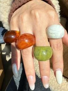 4件套复古几何椭圆形树脂戒指，新款不对称红色、灰色、白色、绿色极简戒指套装，适合日常佩戴、节日、派对礼物 - 彩色 - 查看 3