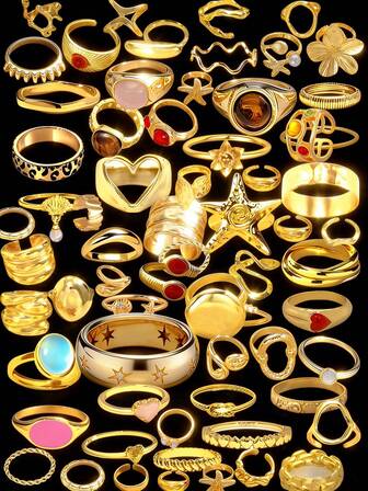 Vintage Elegant Retro Coin Style Random 27/25/21/18/12/3pcs Metal Multi-Element Bling Bling Shiny Brown Faux Gemstone Faux Pearl Heart Flower Starfish Shell Hexagram Irregular Line Cross Open Adjustable Ring Set, Exaggerated Wide Face High-End Jewelry Suitable For Women And Men, Ideal For Vacation, Party, Date, Anniversary, Valentine's Day Gift, Daily Matching (Random Style)