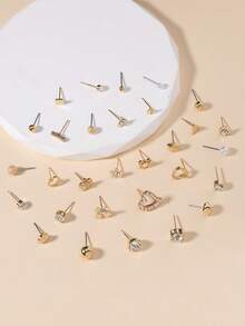 30 Pairs Of Daily Style Women's Fashion Stud Earrings, Metal Faux Pearl, Simple And Cute Heart-Shaped Bowknot Flower Rhinestone Geometric Multi-Style Earring Set, Suitable For Daily Casual Wear And As A Festival Gift. - Yellow Gold - View 2