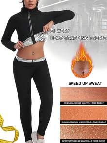 女士两件套运动服套装，长袖上衣和长裤，桑拿服，健身服，纯色高领拉链设计，弹力针织面料，适合锻炼、减肥、束腰，春夏秋季均可穿着，室内外皆宜，跑步、健身