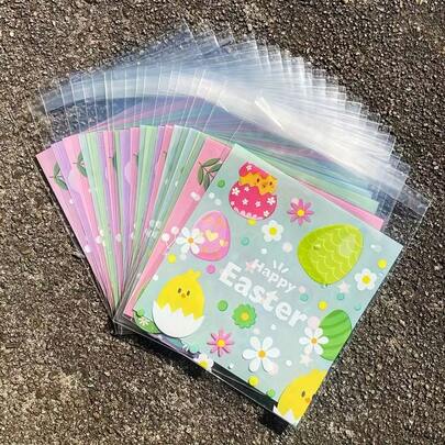 50/100pcs Easter Gift Bags With Cartoon Rabbit And Egg Patterns, Suitable For Party Favors, Decorations And Holiday Celebrations