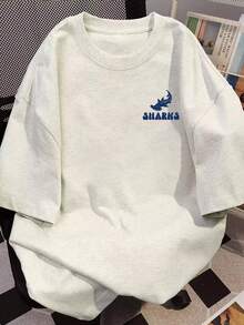 日系女式宽松圆领休闲百搭字母、鱼和海洋印花短袖T恤，春夏款 - 淺花灰 - 查看 5