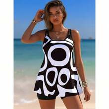 Women's Tankini Swimwear – Relaxed Fit Two-Piece Set For Beach, Pool & Resort Days - Black and White - View 1