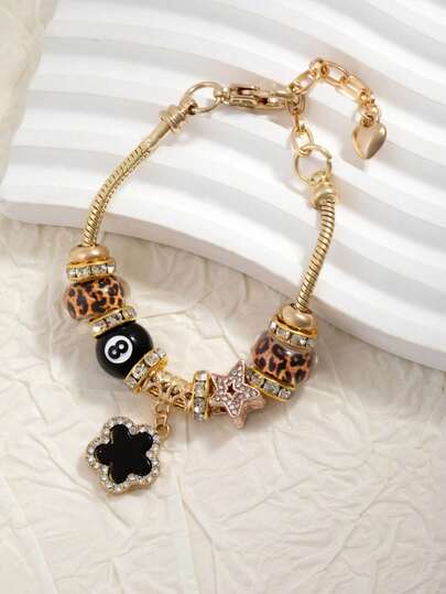 1pc Fashion Rhinestone Beaded Pendant Bracelet, Butterfly, 5-Petal Flower, Star, Cross Pendant Charm Bracelet For Girls