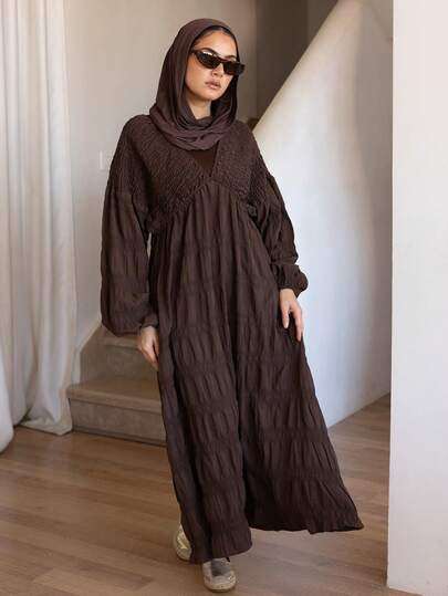 DAZY Women's Brown Textured Fabric Drawstring Tie Waist Dress, Long Dress For Autumn, Outdoor Dress