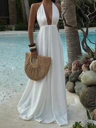 Unadoll Women's Sexy Low Cut Backless, Lace Up Neck, Zipper Design Elegant All White Dress, Suitable For Vacation, Date, Party, Valentine's Day, Birthday Dressing