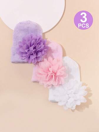 3pcs Baby Newborn Hats Set Striped Pattern Bow Decor Cute Beanie Hats Soft For Infant Baby Girls Boys Caps 0-3 Months