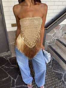 Women's Bright Yellow Fringed Irregular Strapless Party Top, Women's Slim-Fit Nightclub Party Top - 金色 - 查看 5