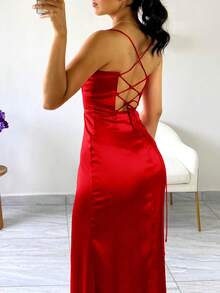 女款紅色緞面開衩長洋裝，適合婚禮、正式場合、聖誕節、跨年夜及更多派對，春秋穿著 - 紅色 - 查看 5