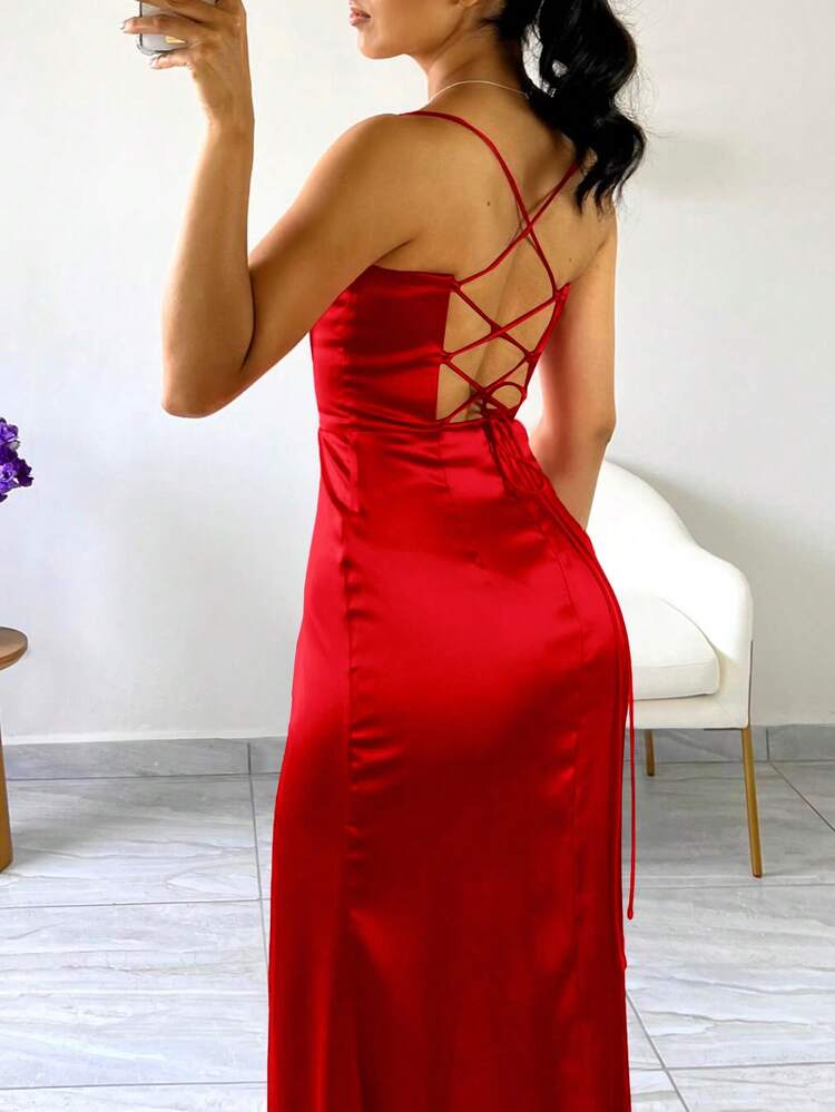 Women's Red Satin Slit Maxi Dress, Perfect For Weddings, Formal Occasions, Christmas, New Year's Eve And More Party Spring - Red - View 4