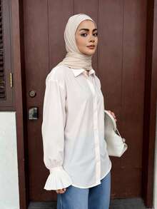 DAZY Camisa con puños plisados y hombros caídos, blusas de manga larga, ropa de otoño con estilo preppy - Blanco - Ver 5