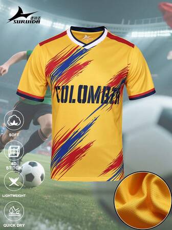 SURUIDA 1pc Colombia Men's Soccer Jersey, Digital Printing Yellow Sports Shirt, Comfortable Sportswear T-Shirt Suitable For Team Matches And Sports