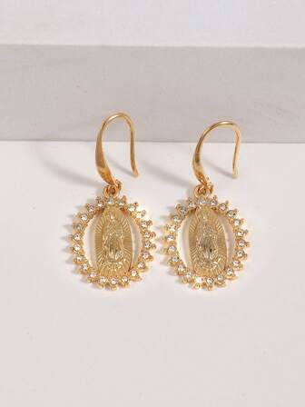1 Pair Cubic Zirconia Decor Plated Virgin Mary Oval Design Drop Earrings,Golden Minimalist, For Female Wedding Catholic Jewelry