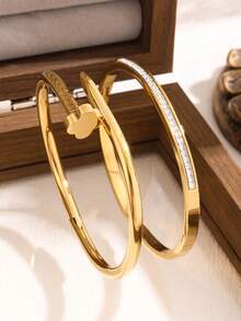 Luxury Sparkling Four-Leaf Clover Zirconia Stainless Steel Women Bracelet, Suitable For Multiple Occasions - Yellow Gold - View 8