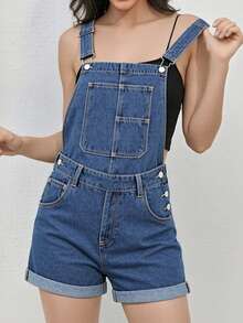Women's Adjustable Strap Denim Romper, Casual Cuffed Loose Shorts, Solid Woven Fabric, Energetic, College Style, Cute, Young, Street