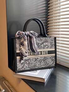 (28cm*20cm*10cm) Bolsa Feminina da Moda, Grande Capacidade, Formato Quadrado, Leve, Decoração de Lenço Requintada, Material Resistente a Arranhões e Abrasões, Adequada para Compras, Encontros, Reuniões, Transporte, Padrão de Letra, Elegante Bolsa Tote Casual Minimalista para Senhoras