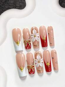 10pcs Elegant & Luxurious Acrylic Nail Art Set, Includes Press-On Coffin Nails, Almond Nails, Duck Billed Nails, French Nail Stickers, Alloy Bowknots, Star Nail Decorations, Champagne Rhinestone Nail Stickers, Red Nail Polish, White Glitter Gel, White Floral Nail Decals, And Tools (1 Jelly Sticker + 1 Nail File). Suitable For Women To Wear To Parties, Holidays, Weddings, And Makes A Great Gift. Nail Supplies Handmade Press On Nails - Multicolor - View 13