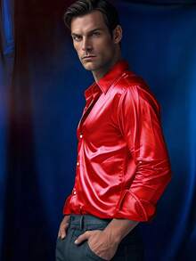 Spring New Men's Long Sleeve Shirt, American Satin Casual Shirt, Classic Glossy Nightclub Bar Elegant Shirt, Red Shirt Top - Red - View 4