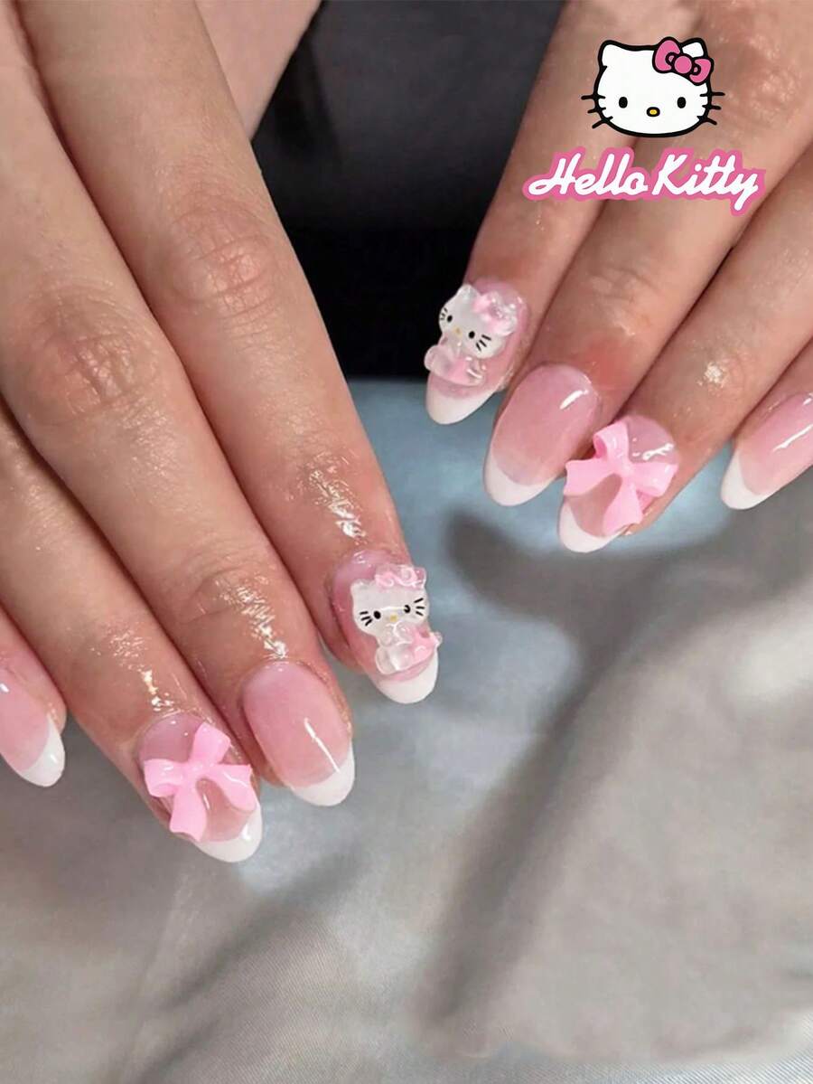 SANRIO 24 Stück ovale rosa französische Maniküre Nagel Aufkleber, mit 3D Deko & Schleife, geeignet für Damen Alltag, Partys & Zusammenkünfte, enthält 1 Flasche Gel Kleber & 1 Nagelfeile, perfekt für Acrylnägel - Verschiedenfarbig - Übersicht 1