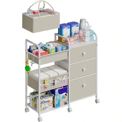 2In1 Diaper Caddy Organizers And Storage, 3 Tier Rolling Cart With Dividers And Drawers, Mobile Utility Cart Dresser Clothes Organizer Changing Table, Crib Nursery, Bedroom