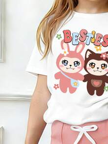 Toddler Girls' Cartoon Print Round Neck Short Sleeve Top And Flare Pants Set - White - View 3