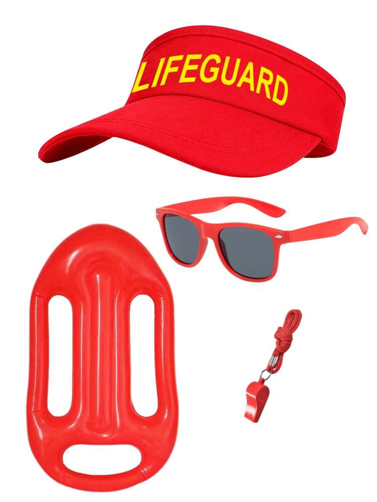 1/2/3/4/5pcs Spring/Summer New Lifeguard Costume Set, Holiday Roleplay Outfit Includes Peaked Cap, Red Sunglasses, Whistle, Surfboard, Bag, Beach Vacation Costume, Valentine's Day - Multicolor - View 15