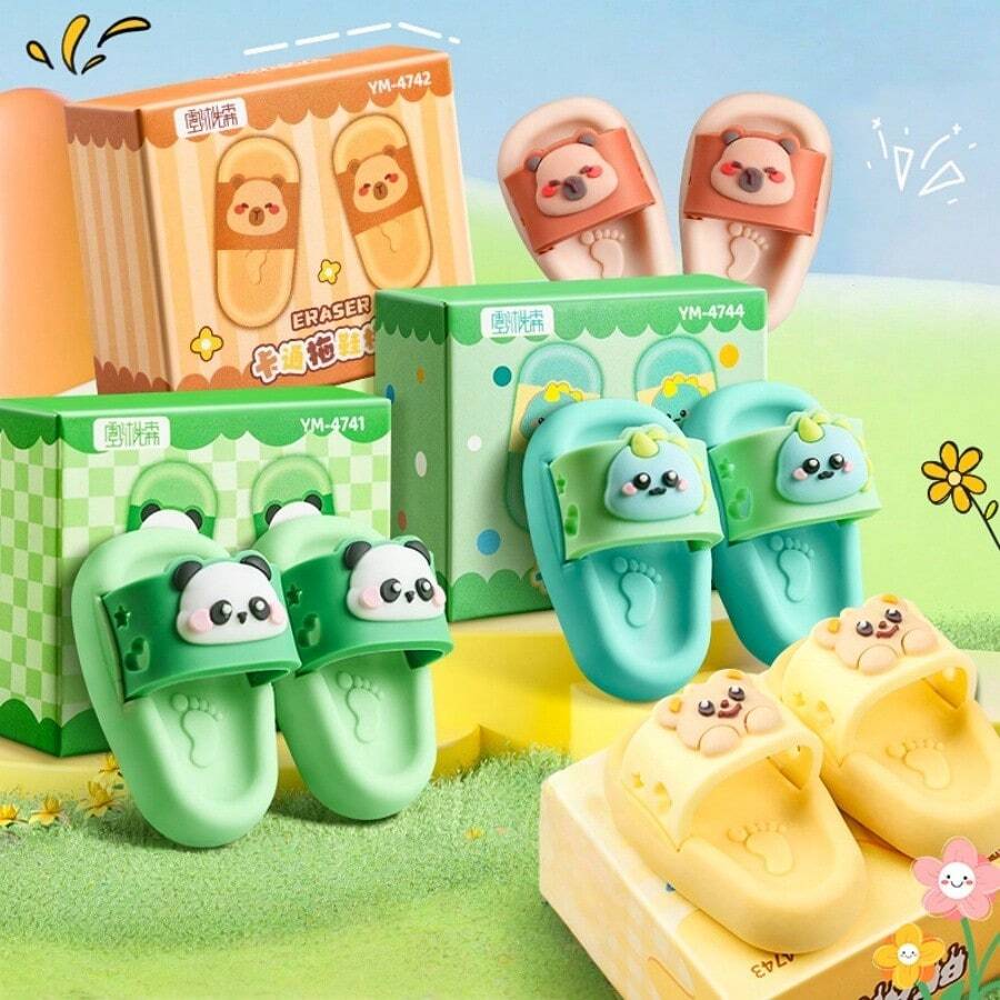 2pcs Creative Rubber Erasers, Cute Slipper Shaped Erasers, Cartoon Animal Design Erasers