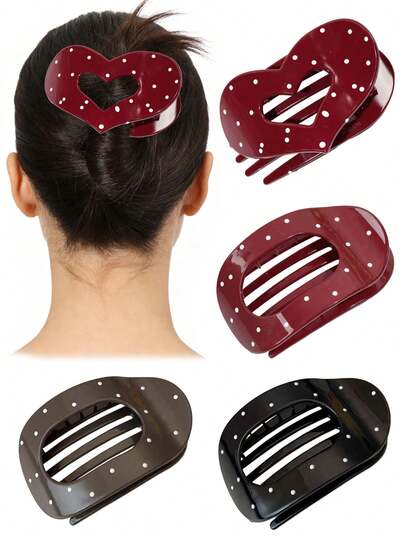 2/3pcs Unique High-End Heart & Polka Dot Oval Shaped Hair Clips, Elegant Hollow Duck Clip For Bun, Ponytail, Everyday, Sports, Dates, Parties, Festivals, Gifts