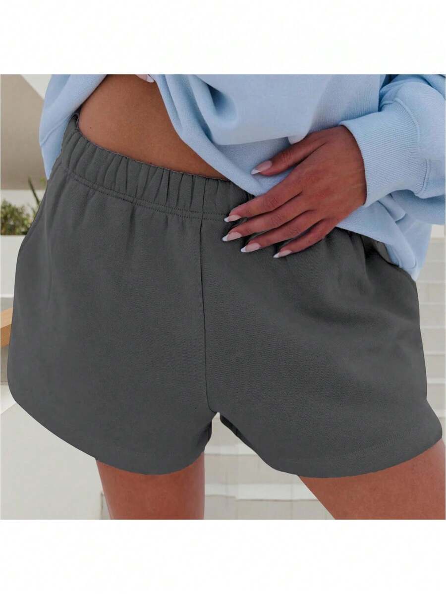 Women Athletic Shorts Loose Fit Solid Color Drawstring Sweatshorts For Yoga Running - 深灰色 - 查看 1