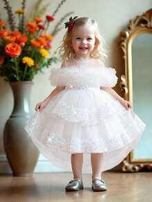 Baby Girls Sequin Tulle Cute Flower Girl Wedding Train Dress, Suitable For Party, Birthday, Outing, Does Not Include Headband - White - View 4