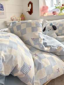 Checkerboard Print Bedding Set, Blue & White Duvet Cover With Zipper Design, Polka Dot Bow Soft 4-Piece Set Including 1*Duvet Cover + 1*Flat Sheet + 2*Pillowcases, Super Soft Polyester Fiber, Suitable For Teenagers And Adults, Machine Washable, Duvet Cover And Pillowcases Without Filler - Baby Blue - View 4