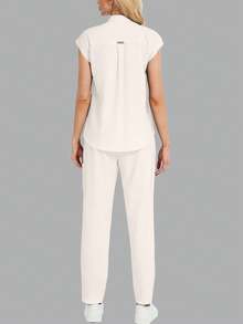 2pcs Set: Minimalist Solid Color Notch Collar Top And Long Pants Pajama Set Spring - Beige - View 3