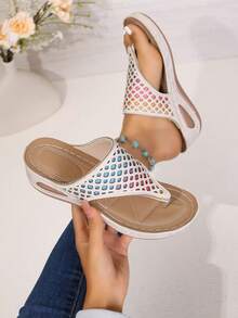 Women's Wedge Flip Flops, Thong Sandals With Hollow-Out Rainbow Design, Comfortable Soft Summer Beach Shoes - Beige - View 3