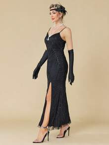 Women Sleeveless Off Shoulder Split 1920s Great Gatsby Cami Maxi Dress Long Dress - Black - View 6