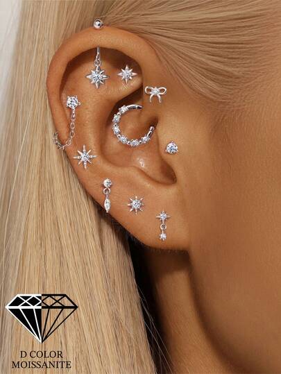 EleRunis 1PC 0.1ct Moissanite Diamond 925 Sterling Silver Eight-Pointed Star Butterfly Studs 18K Gold Plated Flat Back Cartilage Helix Piercing Bridal Jewelry For Daily Wear Wedding Party Engagement Anniversary Valentine's Day