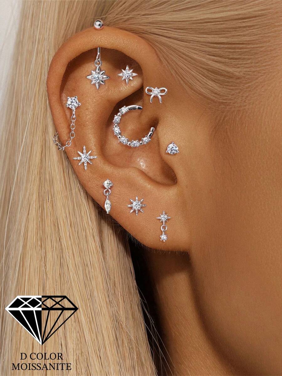 EleRunis 1PC 0.1ct Moissanite Diamond 925 Sterling Silver Eight-Pointed Star Butterfly Studs 18K Gold Plated Flat Back Cartilage Helix Piercing Bridal Jewelry For Daily Wear Wedding Party Engagement Anniversary Valentine's Day - Silver - View 1