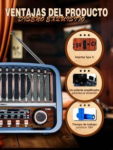 Radio retro recargable MOREKA (AM, FW, SW, USB, Bluetooth, MP3, TF) – El regalo de Navidad perfecto. - Azul - Ver 3