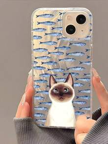 1个时尚简约卡通猫鱼图案亮面防水防震防滑软手机壳，兼容苹果手机，是送给朋友、家人、情侣、生日、节日的绝佳礼物。 - 彩色 - 查看 2