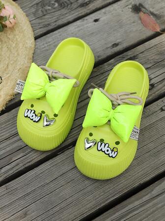 女士可爱蝴蝶结套脚凉鞋，舒适系带木屐，室内/室外/沙滩装