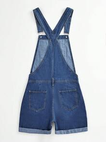Women's Adjustable Strap Denim Romper, Casual Cuffed Loose Shorts, Solid Woven Fabric, Energetic, College Style, Cute, Young, Street