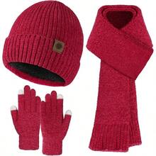 Winter Chenille Hat Gloves Scarf Set Women Men Warm Beanie Hats Touchscreen Gloves Thick Soft Scarf - 紅色 - 查看 1