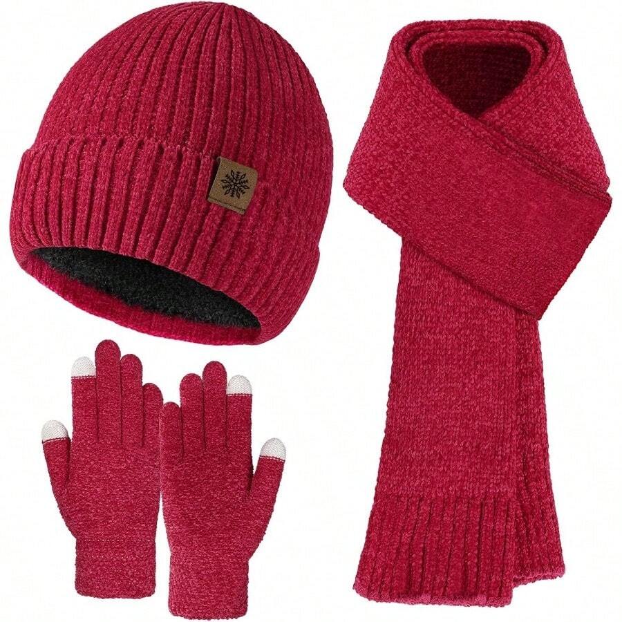 Winter Chenille Hat Gloves Scarf Set Women Men Warm Beanie Hats Touchscreen Gloves Thick Soft Scarf - 紅色 - 查看 1