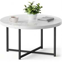 Coffee Table For Living Room - Round Grey Concrete Look Living Room Table - Modern Style With Black Powder Coated Metal Legs - White - View 2