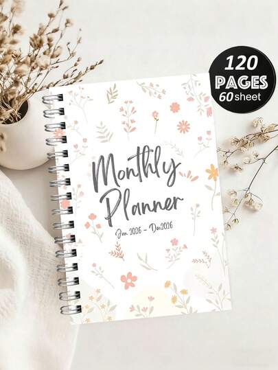 1pc 2026 Monthly Planner Notebook - Elegant Floral Design, Gift For Friends, Teachers And Colleagues, Notebook, Journal Cover, Spiral Bound, Durable Cover Material, Back To School Essential