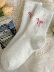 1Pair Of White And Pink Fleece Socks, Bow Design, Warm, Soft And Comfortable, Suitable For Autumn And Winter, Valentine's Day Gift. - Màu hồng gỉ - Xem 10